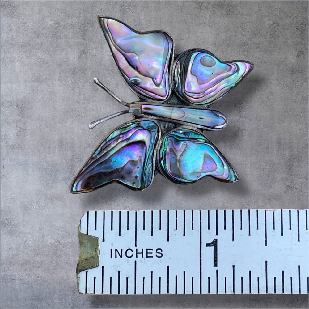 Vintage Butterfly Abalone Inlay Silver Mexico Pin Brooch - Picture 12 of 13
